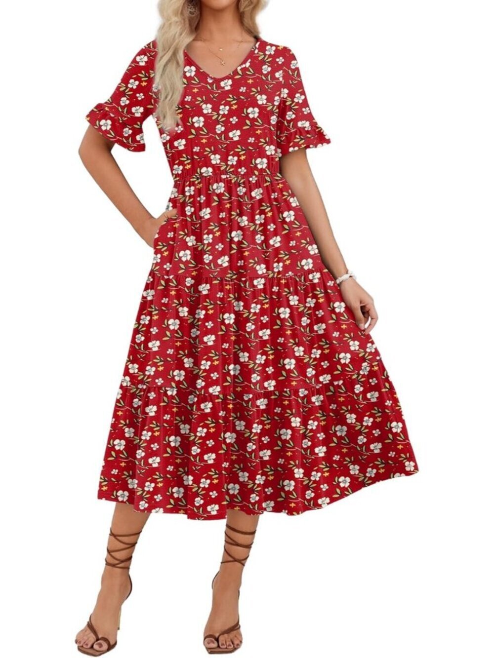 Zeagoo Women's Red Floral Tiered Casual  V Neck Ruffle Short Midi Maxi Dress